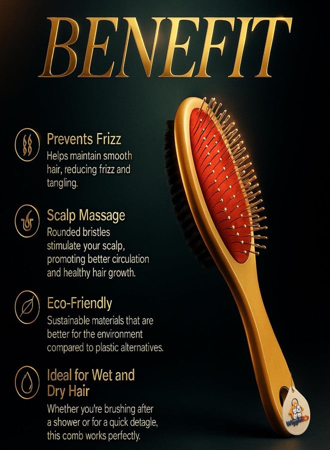 WiggleBoo 22cm Wooden Double Side Pet Brush - Dog & Cat Grooming Bathing Comb - Metal Pin Bristles & Soft Hair Bristles - Detangling & Deshedding Brush for All Breeds - Wood Handle Pet Grooming Tool - Image 4